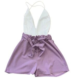 Fashion Nova Deep V Backless Romper Women’s S Lavender White Spring Vacation